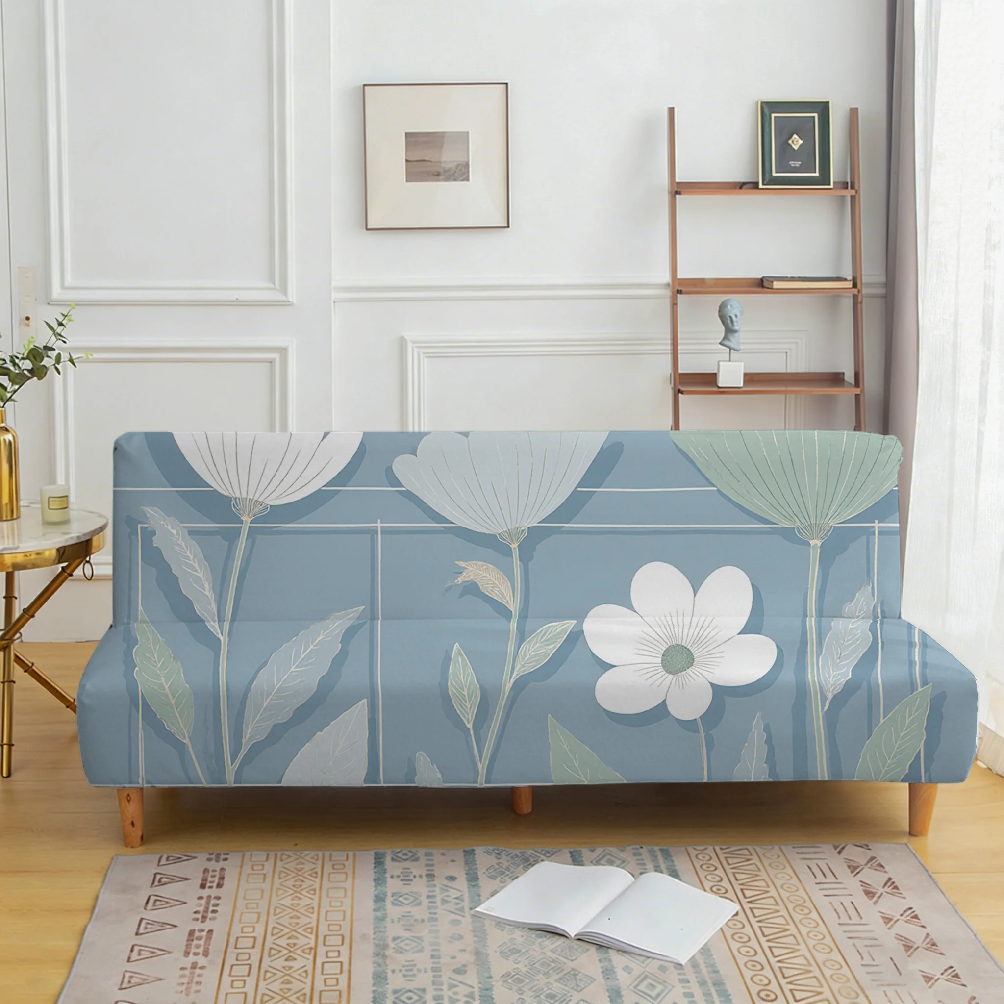 Morandi blue plaid flower sofa bedspread, elastic armless sofa cover, dust-proof and non-slip furniture protective cover