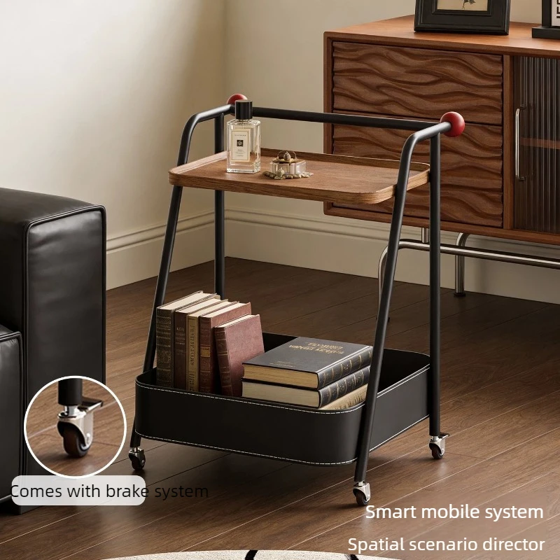 Saddle Leather Mobile Side Tables Mid-century Designer End Table Luxury Rolling Cart Creative Movable