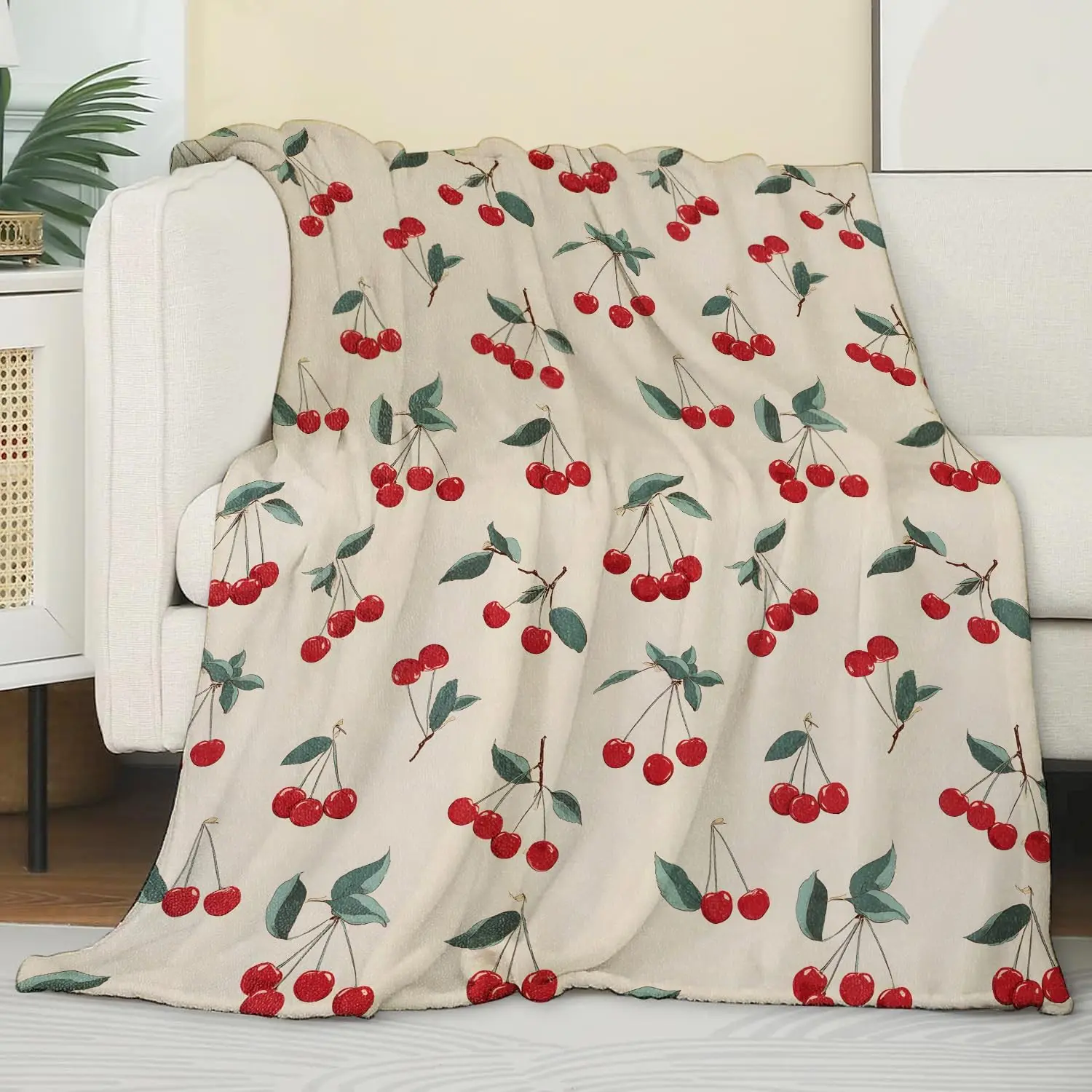 Vintage Cherry Blanket,Leaf and Red Fruit Flannel Throw for Girls,Women,Adults as Gifts,Cozy Soft Blankets for Couch,Bed,Office
