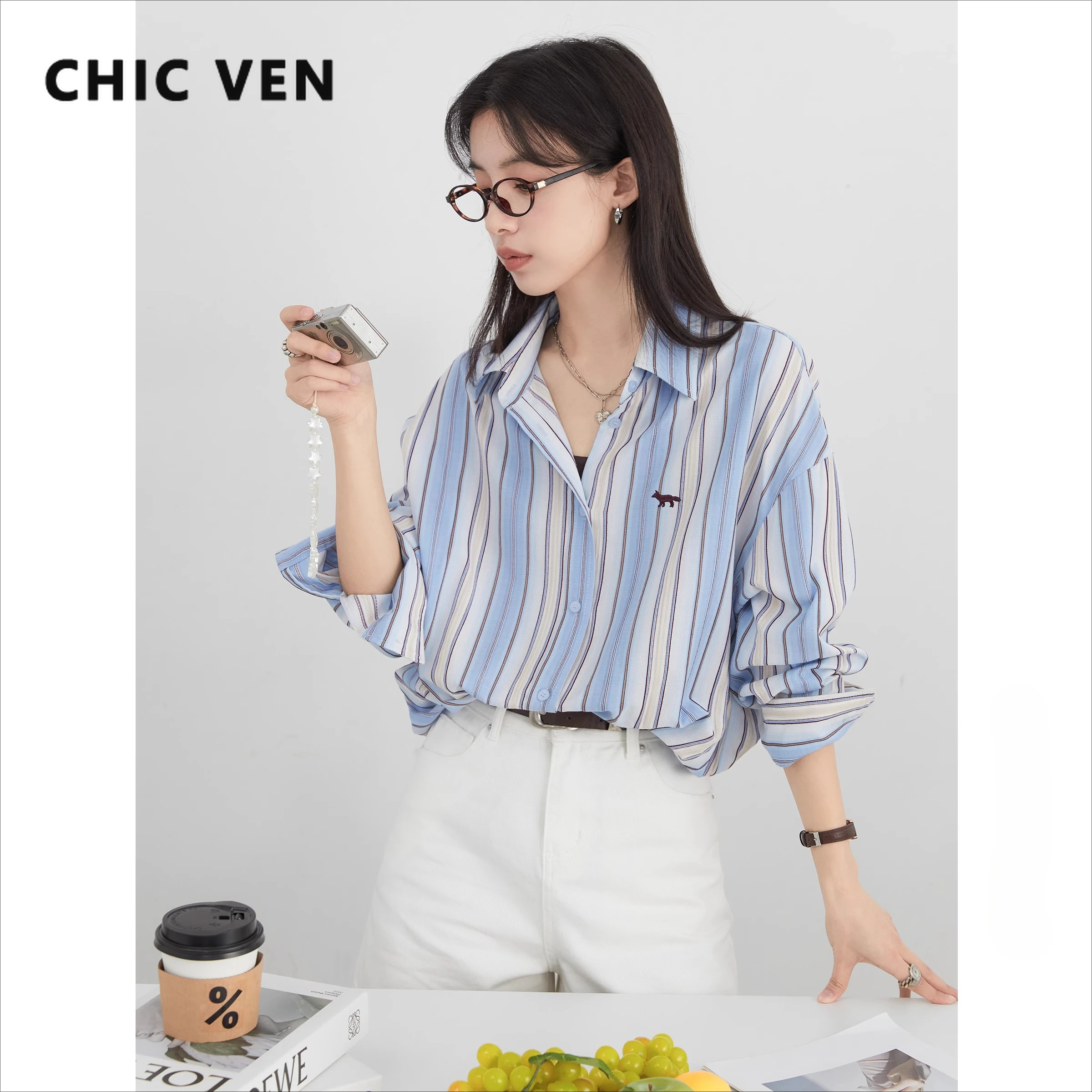 

CHIC VEN Women Shirts Loose Casual New Long Sleeve Striped Shirt Medium Long Single Breasted Female Blouses Spring Summer 2025