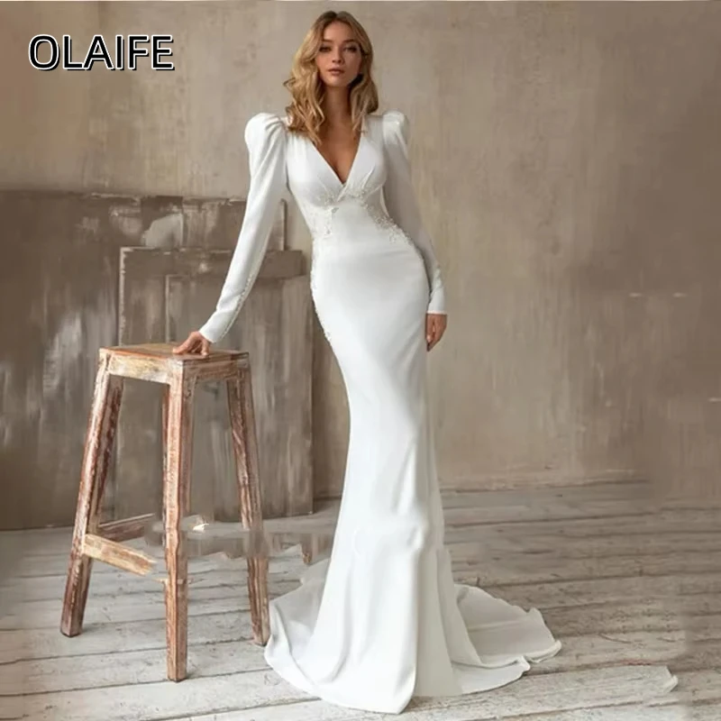 Olaife Elegant Wedding Dresses Sexy Deep V-Neck Bridal Gowns Long Puff Sleeves Formal Satin Robes Luxury Vestidos De Novia