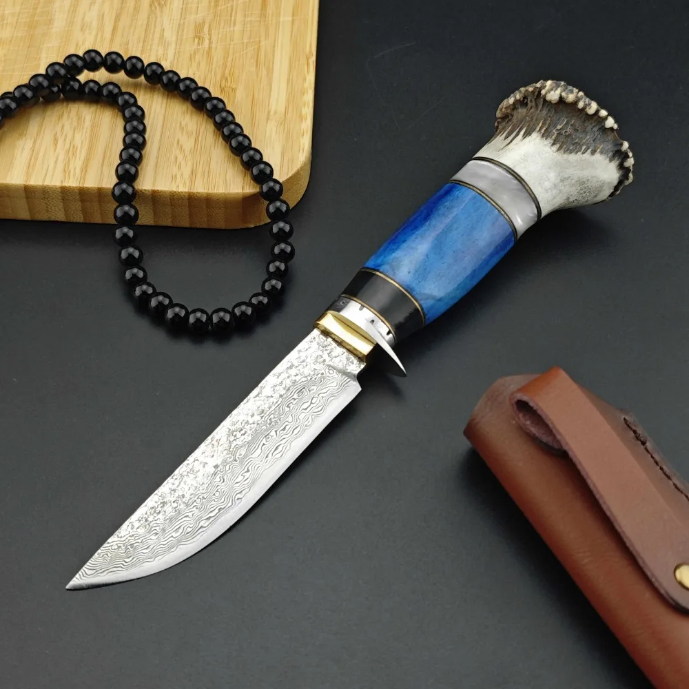 Damascus steel blade antler ox bone splice handle with cowhide sheath Outdoor camping EDC tactical hunting self-defense knife