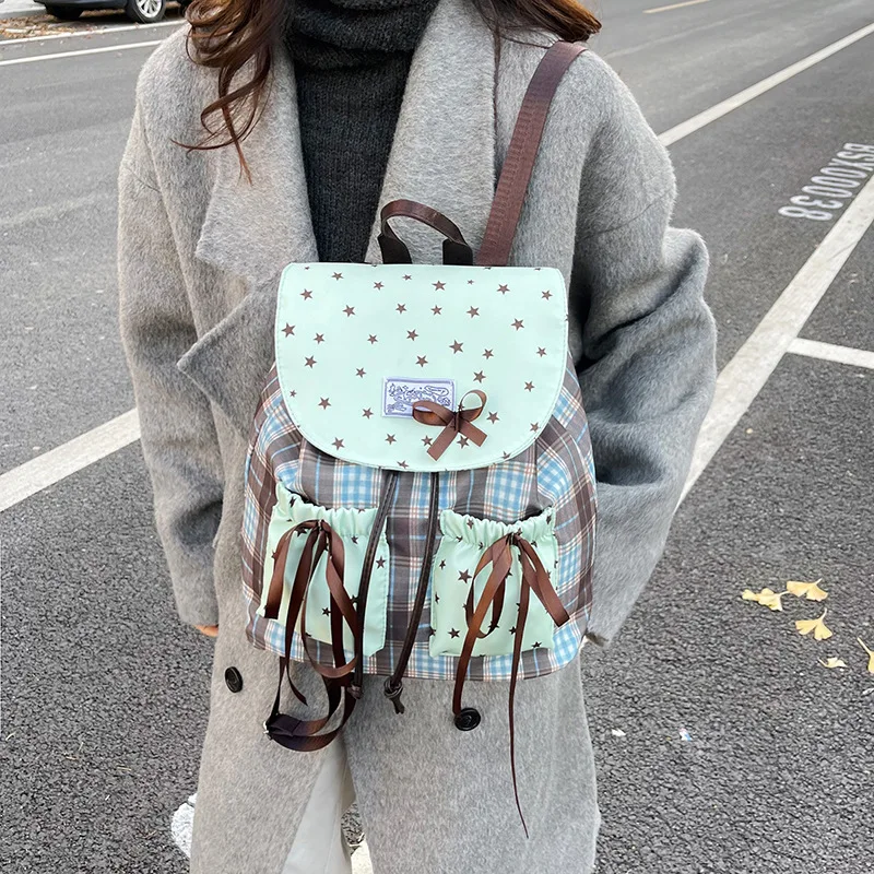 Mint Green Sweet Bow Double Shoulder Backpack Star Print Contrast Color Plaid Grid Pattern Small Student Schoolbag