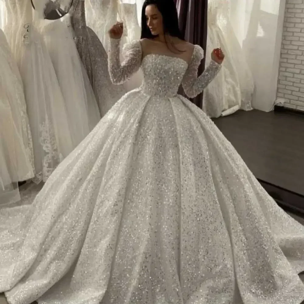 

Sparkly Sequins Wedding Dress 2026 Square Collar Long Sleeves Ballgown Puffy Bridal Bride Grown Arabic Dubai Vestidos De Noiva