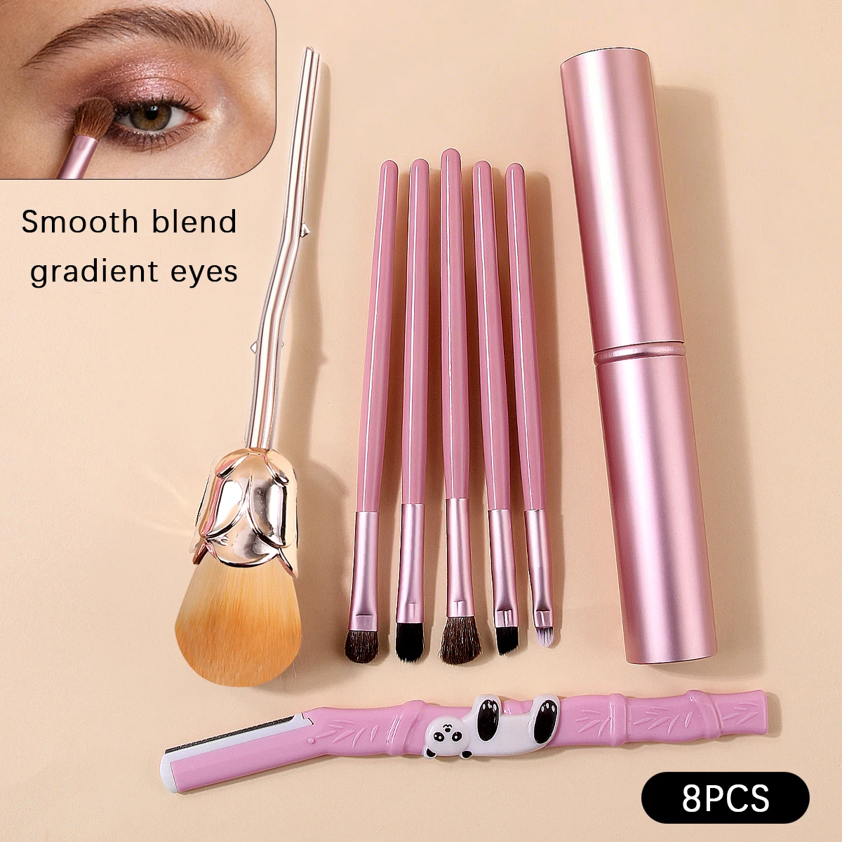 8-teiliges roséförmiges loses Puderpinsel- und multifunktionales Augen-Make-up-Pinsel-Set sowie Augenbrauenformmesser und tragbarer Aufbewahrungseimer