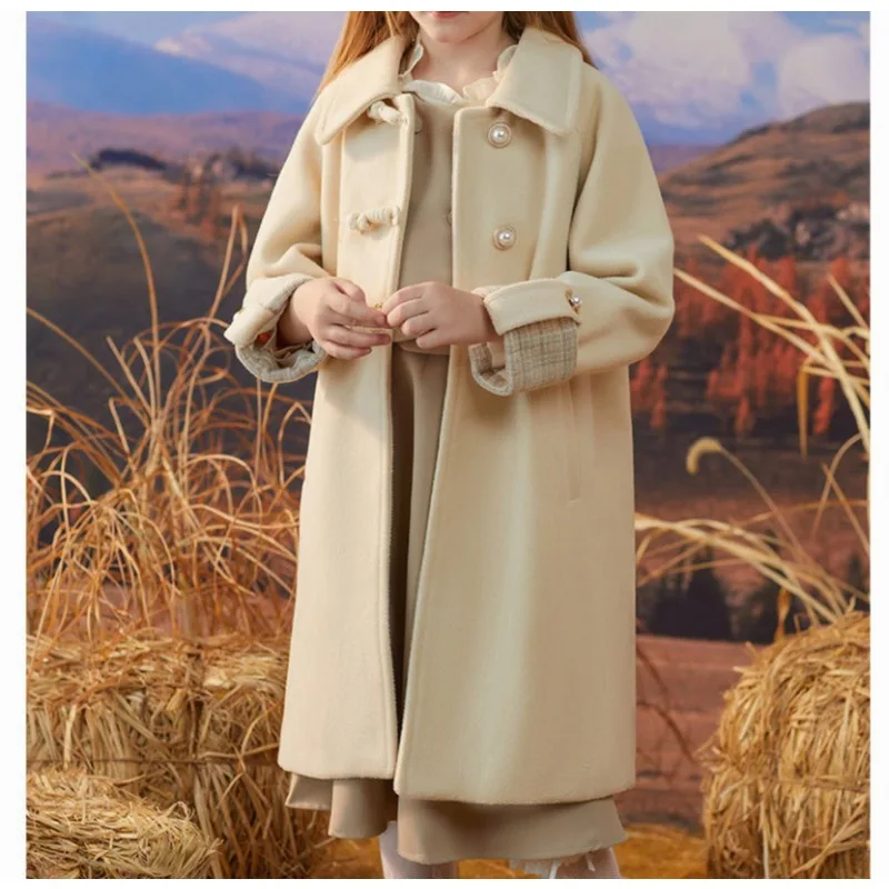 Girls' Woolen Jacket New High-end Foreign-style Children's Woolen Coat Thickened Padded Medium and Long Winter Clothing