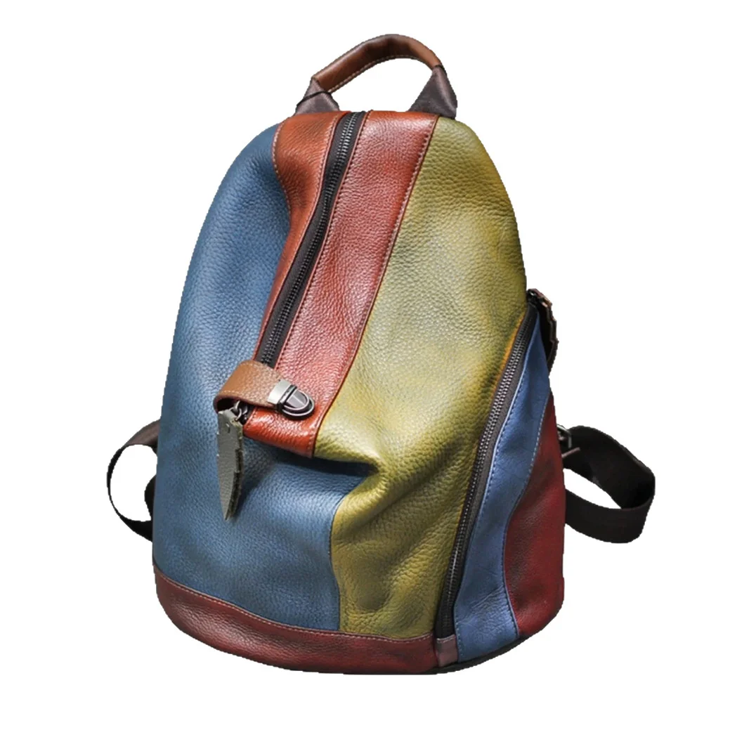 Colorful Patchwork Woman Genuine Leather Backpack Vintage Cow Leather Sling Bag for Travel Work Daily Use