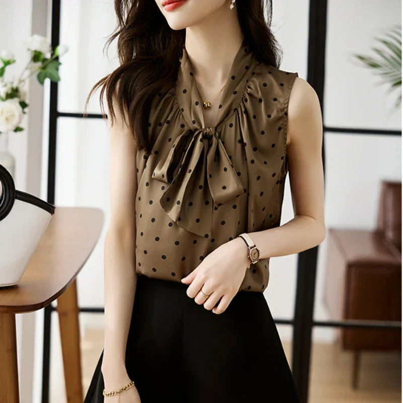 Lace Up Bow Satin Blouse Sleeveless Women Shirt Polka Dot Printing Shirts and Blouses Korean Fashion Woman Clothing Womens Tops