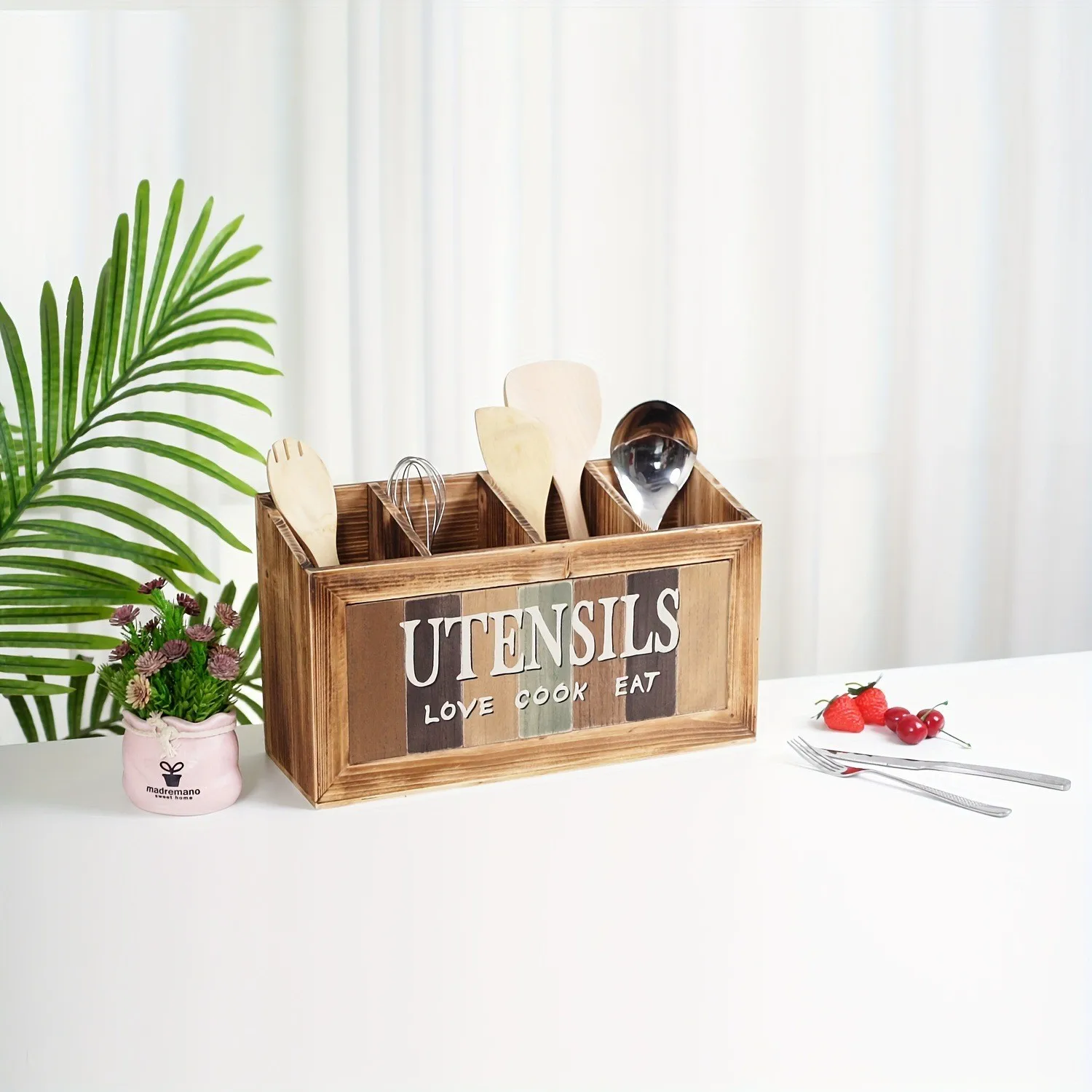 

1 Large Solid Wood Storage Box, Kitchen Knife and Fork Storage, Kitchen Utensils Separated Chopsticks Cooking Tools Boxes