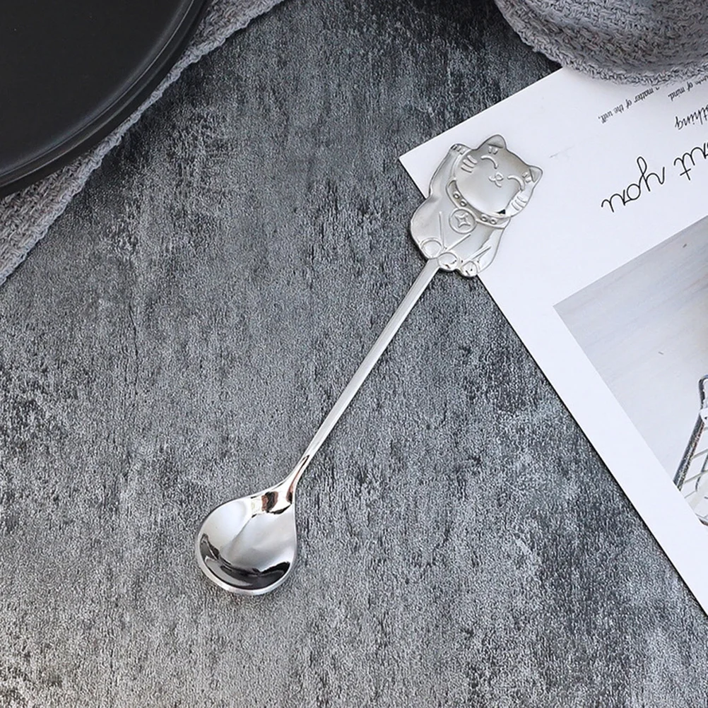 

Lucky Cat Coffee Stirring Spoon 304 Stainless Steel Dessert Spoon For Tea Sugar Creative Cartoon Kitchen Utensil Silver