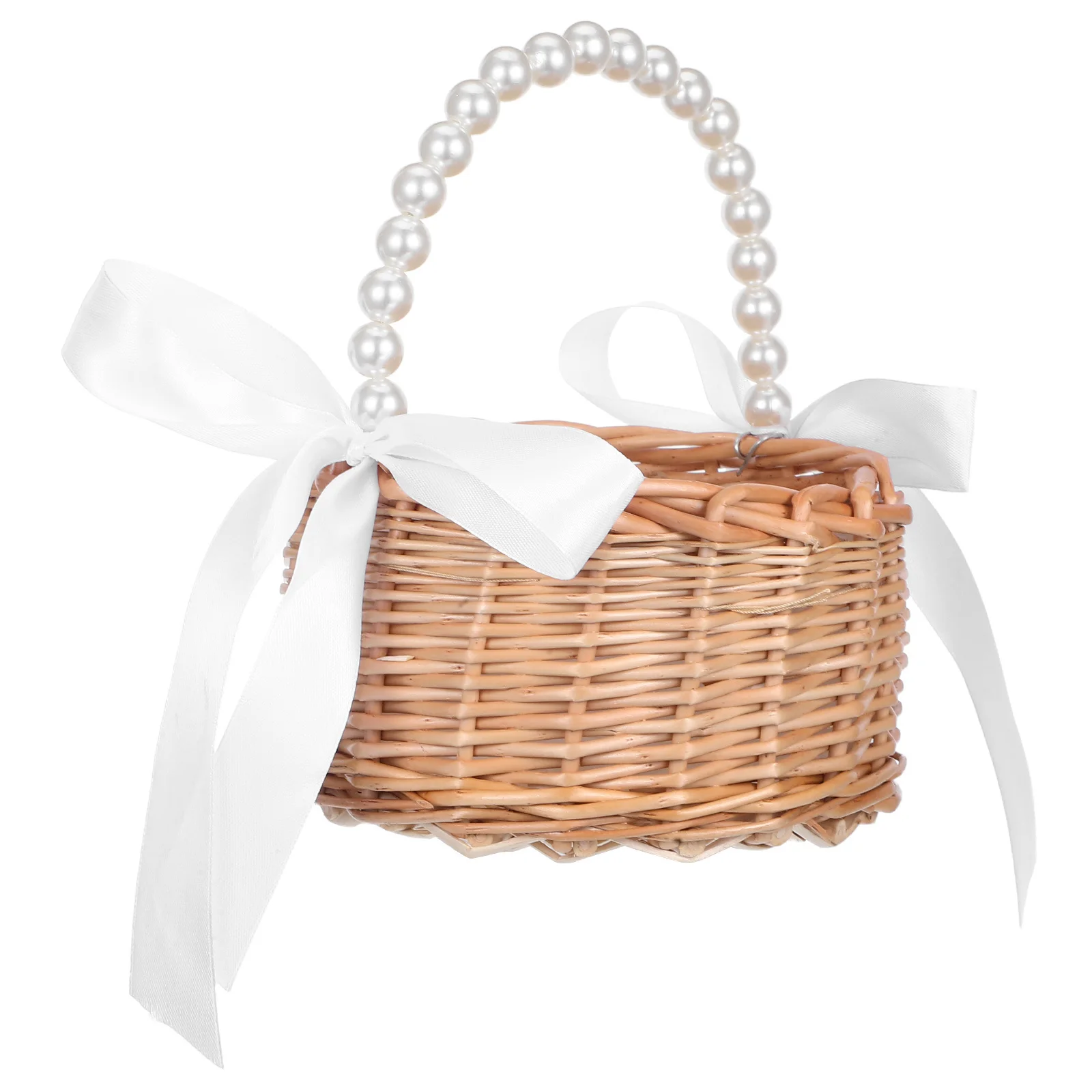 

Flower Girl Basket Imitation Pearl Handle White Ribbon Handwoven Wicker Rattan Rustic Wedding Ceremony Party Decorative Storage