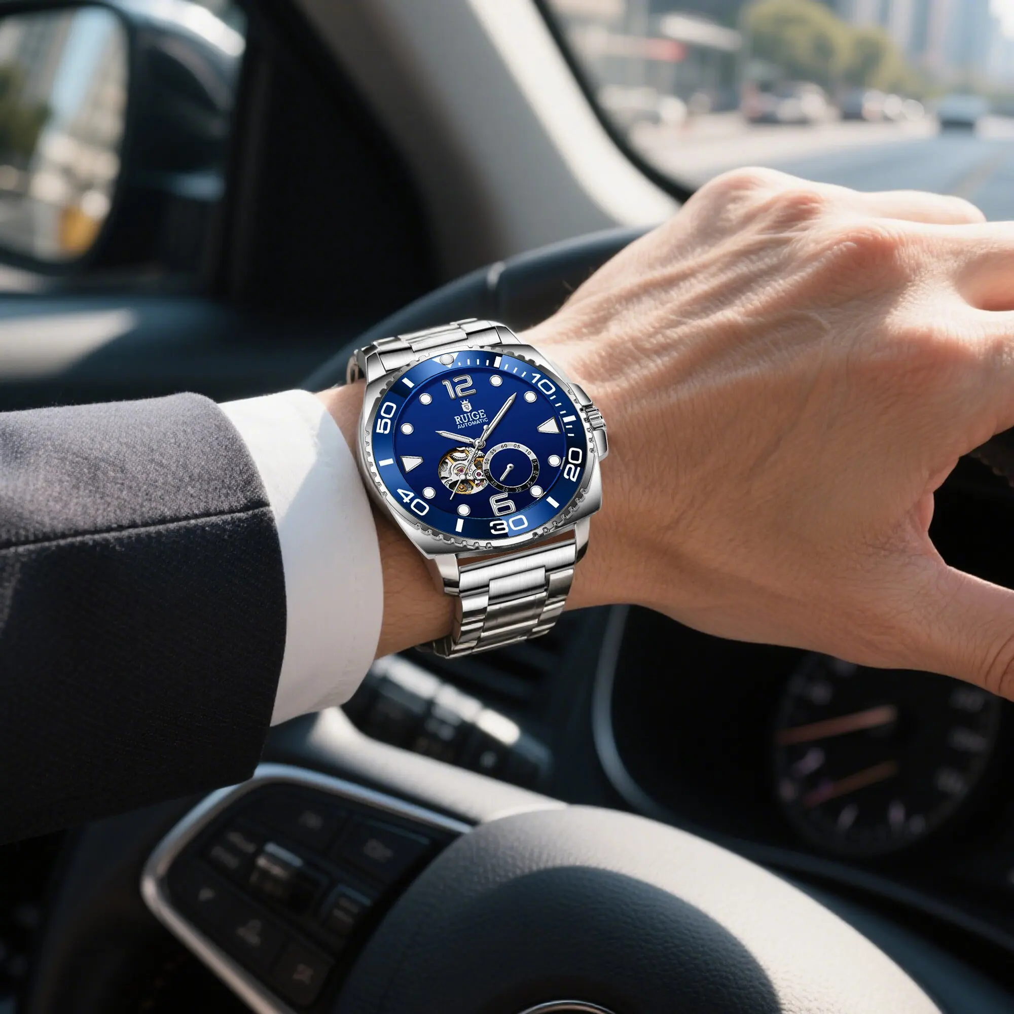 RUIGE Автоматические механические часы с полым ремешком из нержавеющей стали, четырьмя иглами, светящиеся, модный темперамент для мужчин