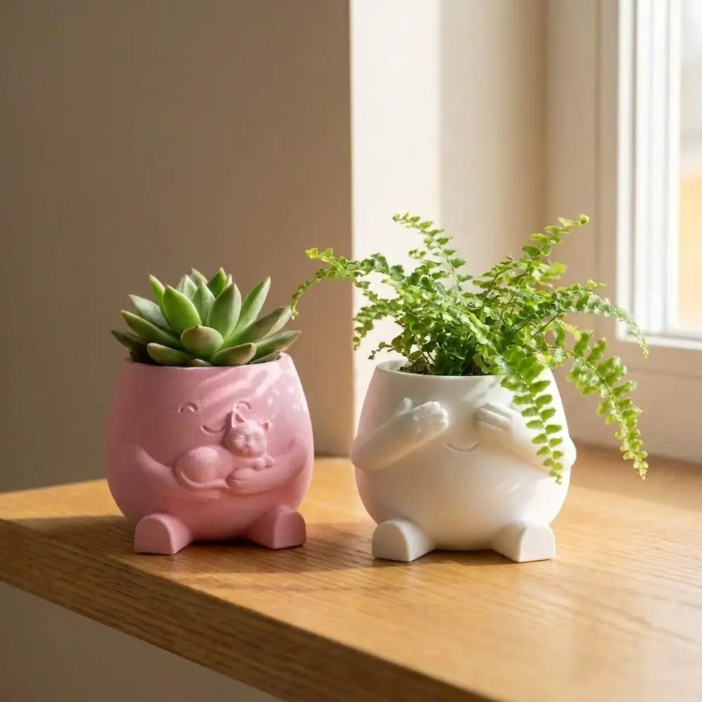 3D Printed Hugging Cat Succulent Planter Pot Cartoon Happy Expression Shy Cover Eyes Character Plant Pot Lifelike Novelty