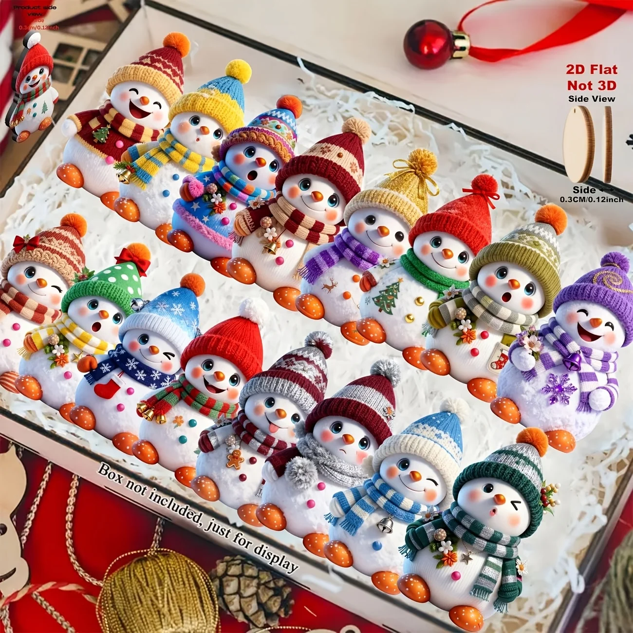 16 Stück 2D Flache Holz-Weihnachts-Schneemann-Dekoration, Weihnachtsbaum-Hängedekoration, Feiertags-Hängedekoration