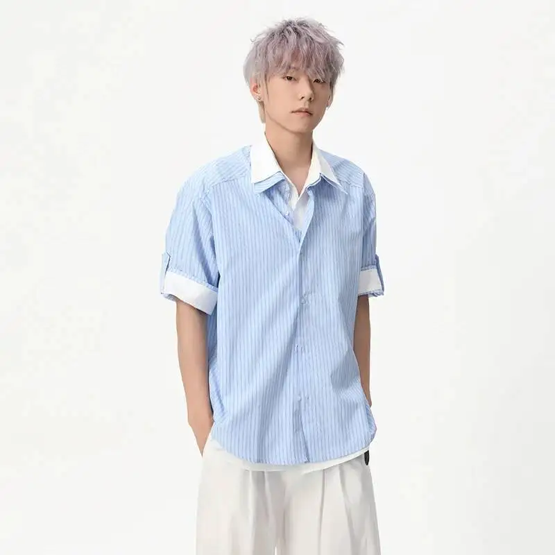 LUZHEN 2026 Summer Double Layer Fake Two Piece Design Short Sleeve Shirts Men's Elegant Handsome Stripe Printed Male Tops JY7201