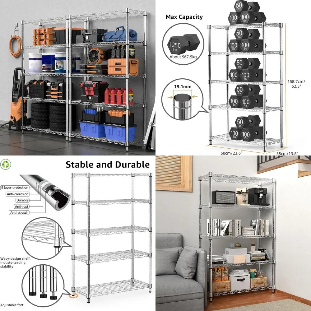 

5-ярусный прочный стальной стеллаж для хранения, грузоподъемность 1250 фунтов, проволочная полка для дома, кухни, офиса, хромированная отделка (13,7 D x 2