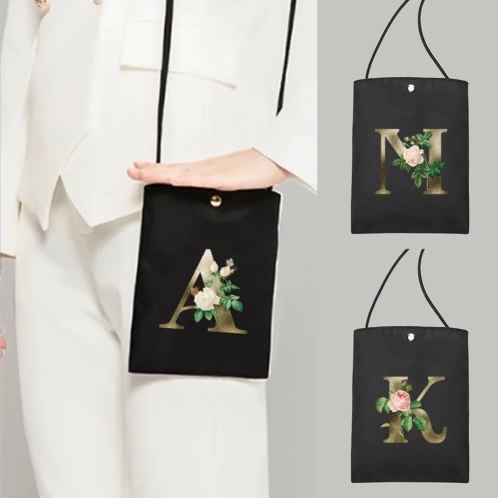 Korean Version Mobile Phone Bags Ladies Fashion Canvas Multifunctional Golden Flower One Shoulder Small Oblique Square Bag