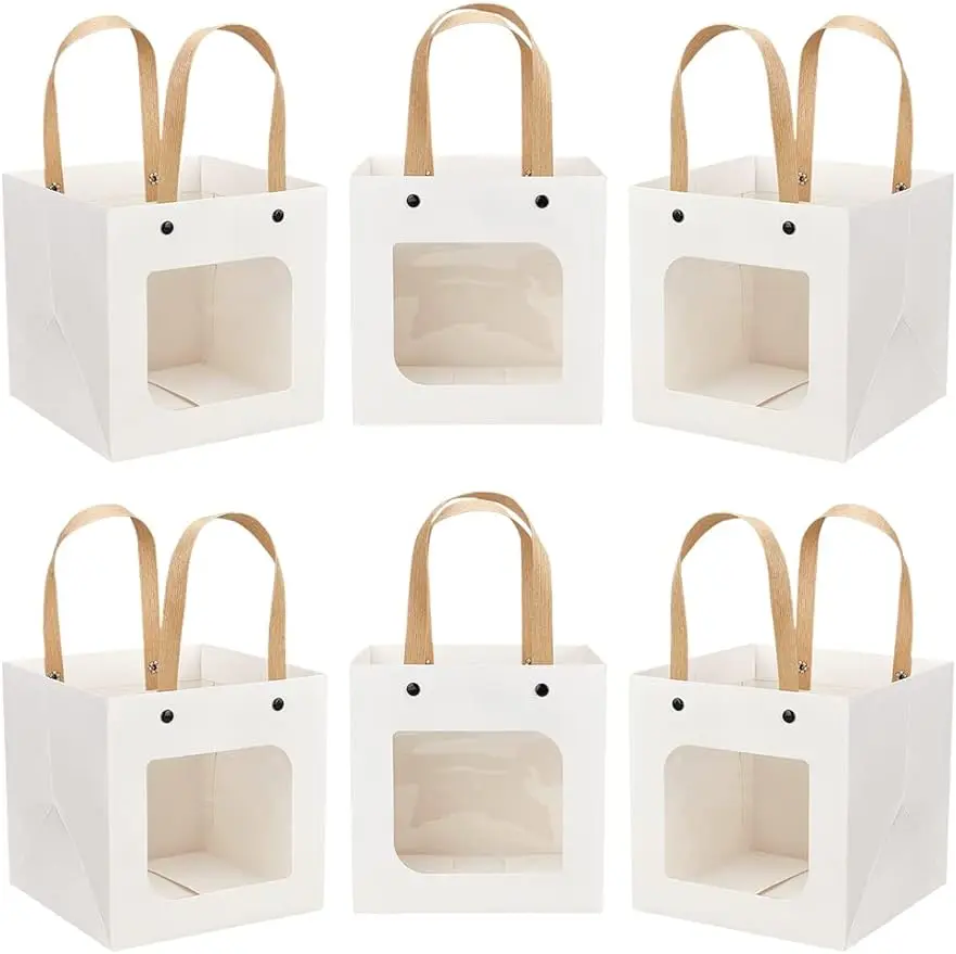 

12Pcs White Craft Paper Bags 5.9x5.9 Carrier Paper Gift Bags With Handles Party Favor Kraft Paper Bag with Clear Square Window