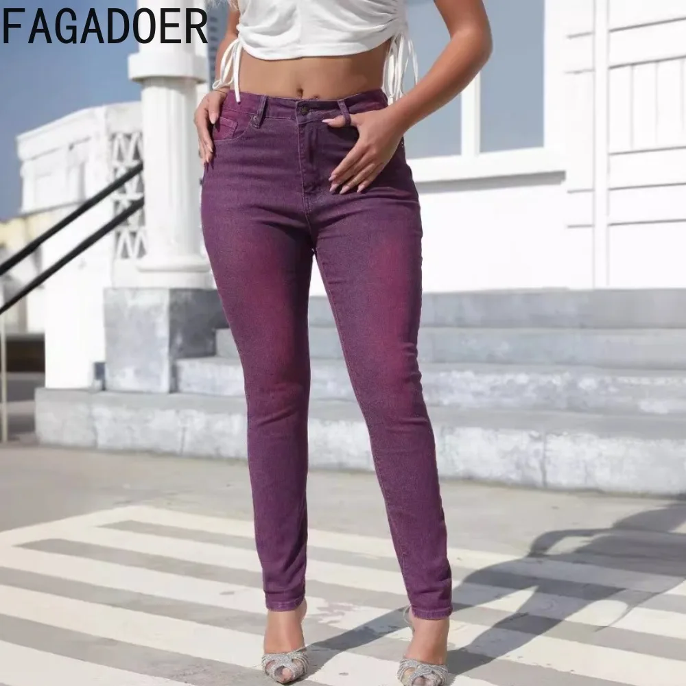 FAGADOER Fashion Purple Tie Dye Printing Denim Pencil Pants Women High Waisted Button Skinny Jean Trousers Female Cowboy Bottoms