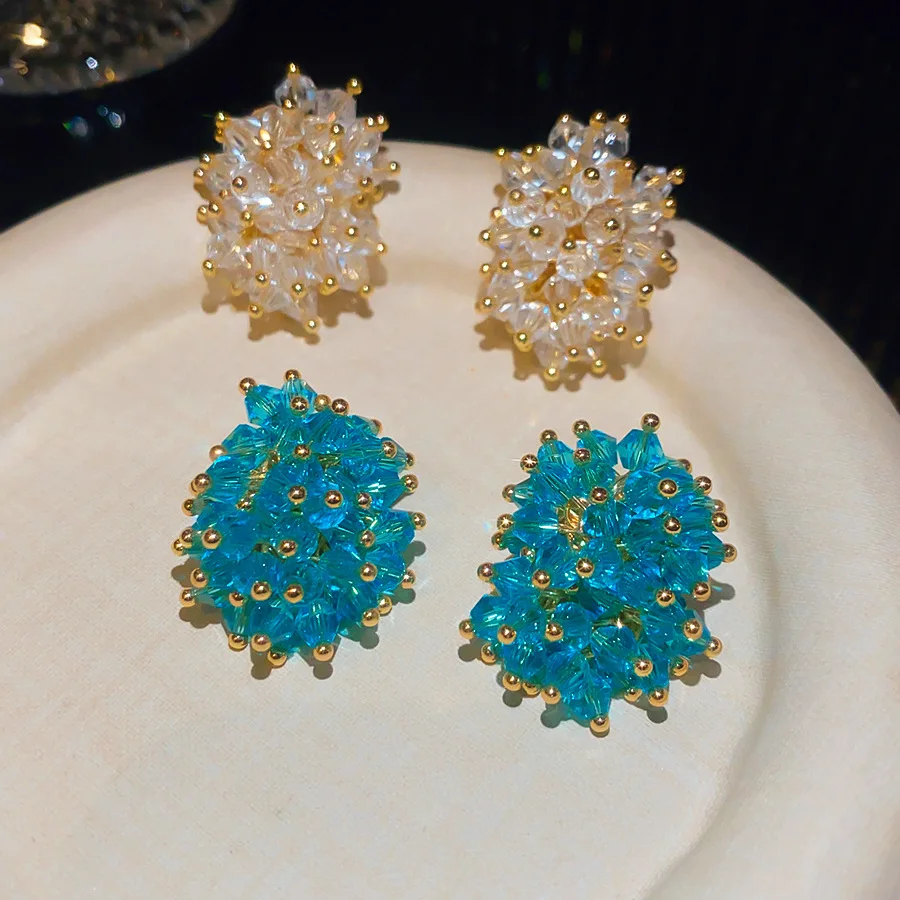 Trendy Handmade Crystal Beaded Stud Earrings for Women French Luxury Flower Cluster Ear Studs Sweet Wedding Party Jewelry Gifts