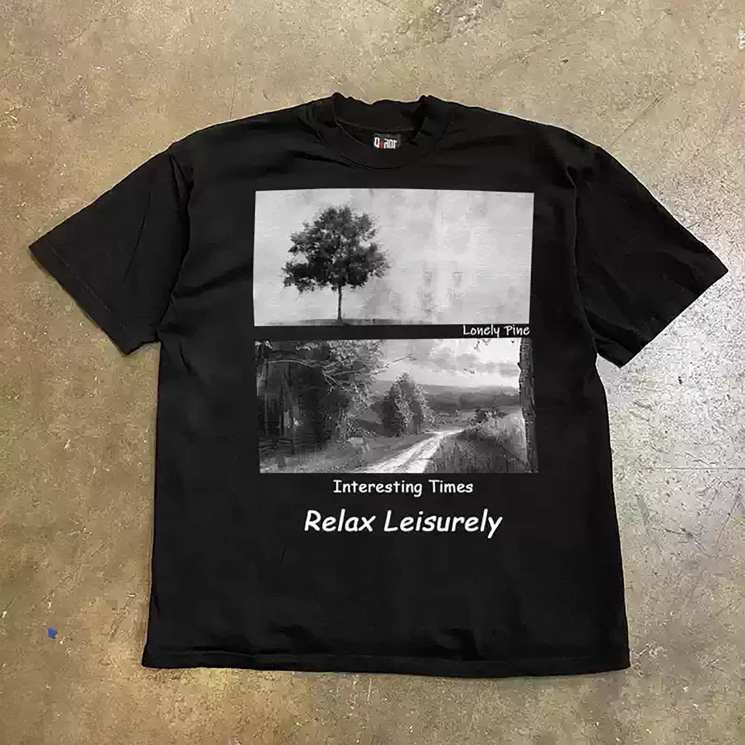 Men's Vintage Black White Scenery Photo Graphic T-Shirt, Rural Countryside Landscape Tree Print Crew Neck Loose Casual Outdoor Streetwear Washed Cotton Short Sleeve Tee.