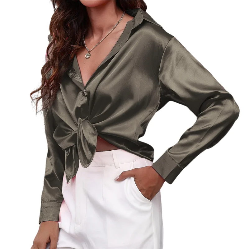 

Women's Satin Button Down V-Neck Long Sleeve Tops Summer Silk Blouses Fashion Spring Shirt 2025