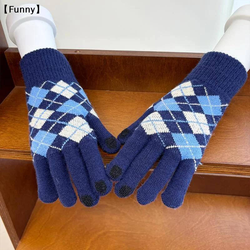 1 Pair Touch Screen Plus Thick Plaid Gloves Winter Adult Male and Female Students Split Finger Riding To Keep Warm Cute Couple