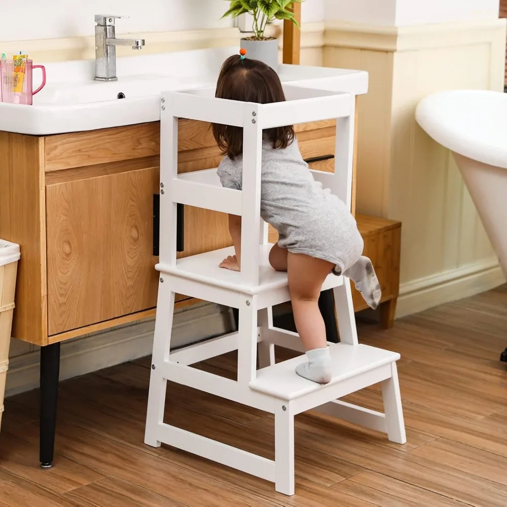 Escabeau de cuisine pour enfants avec rail de sécurité, construction en bois massif, tabouret d'apprentissage pour tout-petits, blanc