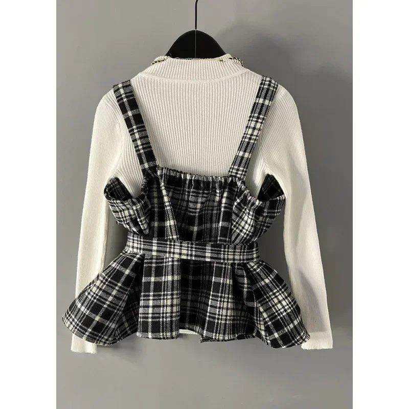 الراقية تويد منقوشة سترة غير متناظرة + طبقة قاعدة سترة + مطوي تنورة صغيرة المرأة طاقم الرقبة البلوز معطف