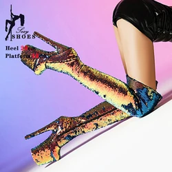 Bling Long Boots Women Over the Knee Thick Platform Side Zip High Heels Gold Luxury Design Dance Shoes Stiletto Thigh High Boots