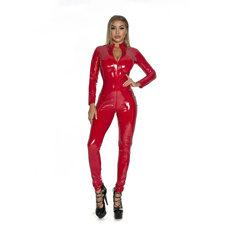 Latex Suit lady Bright PVC Bodysuit Open Crotch Zipper Wetlook Fumpsuit Night Club Party Bar Dance Leather Catsuit Lingerie