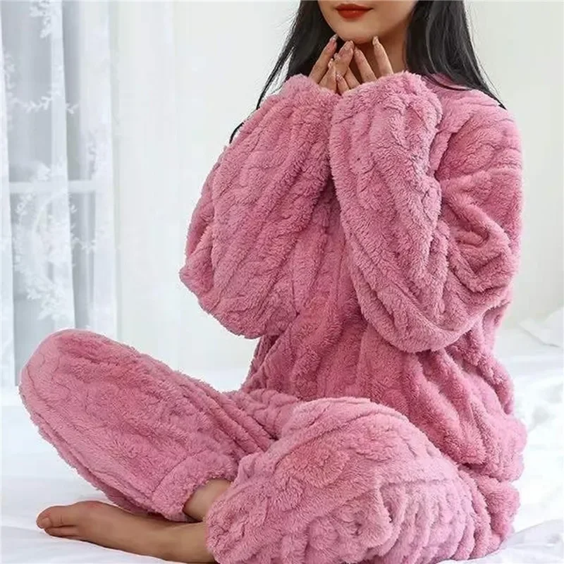 Women Fleece Pajamas Set Winter Sleepwear Solid Velvet 2 Piece Pant Home Suit Fluffy Casual Pajamas Warm O-neck Night Wear 2023