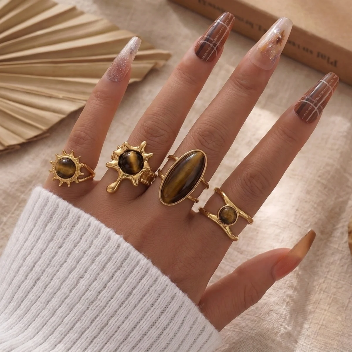Vintage Maillard Tigerauge-Stein Ovaler Lava-Sonnen-Fingerring für Damen und Herren, Edelstahl, hohler geometrischer Ring, Herbstschmuck – Detail 8