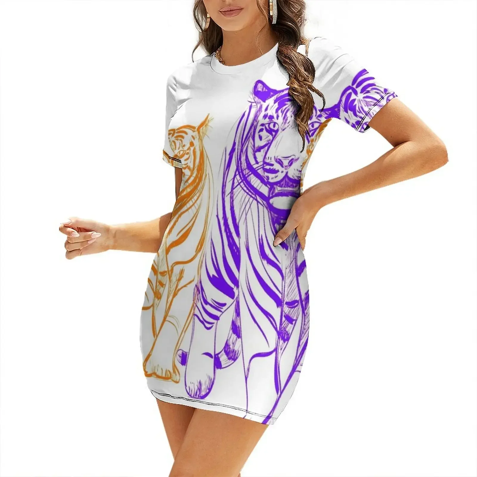 Vestido de manga corta morado y naranja con estampado de tigres, vestidos para mujer 2026, vestidos para fiesta de graduación, vestido elegante para invitadas de boda.