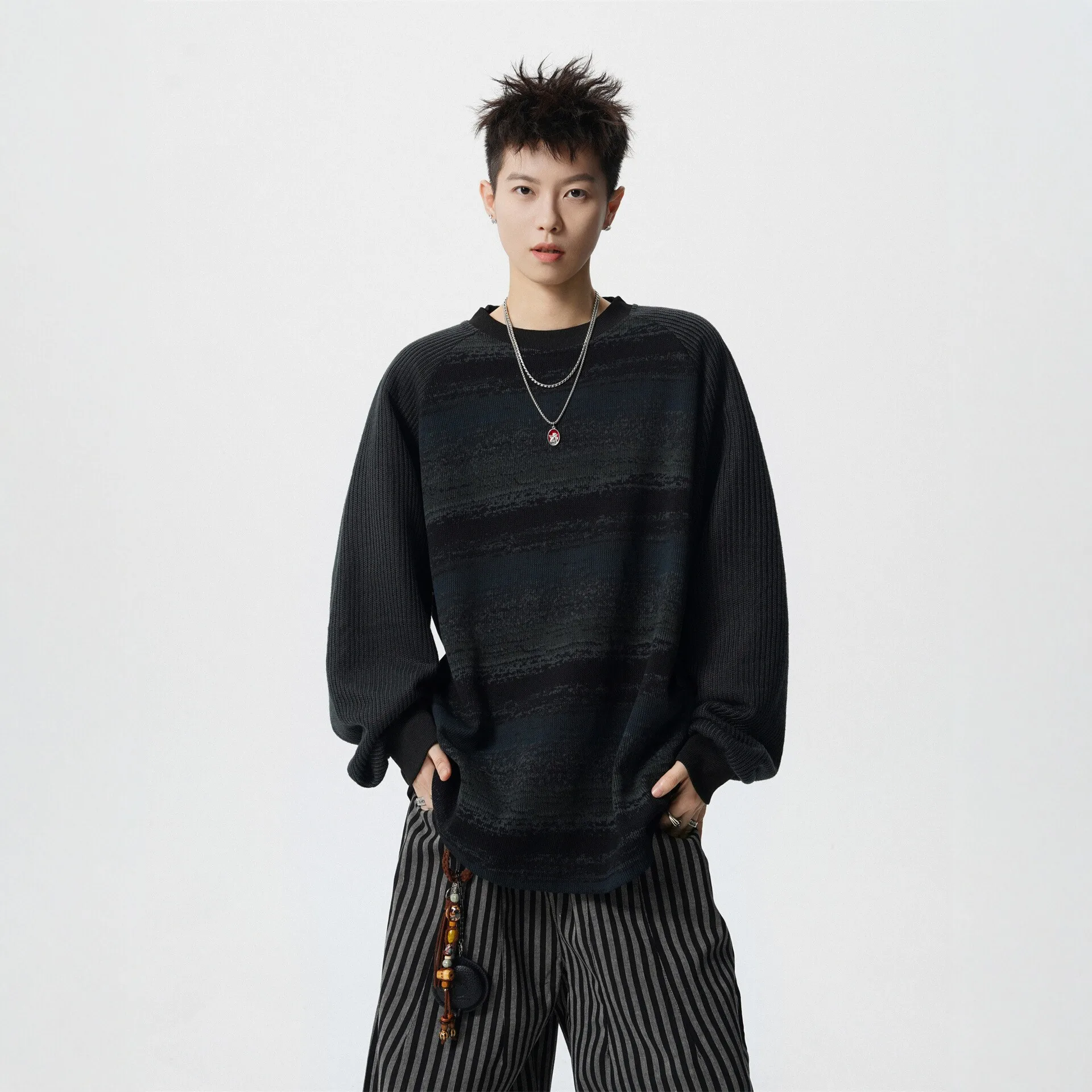 Men Black Apricot Color-coded Striped Loose Fit O-neck Long Sleeve Simple Basic Casual Trendy Daily Pullover Sweatshirts Male