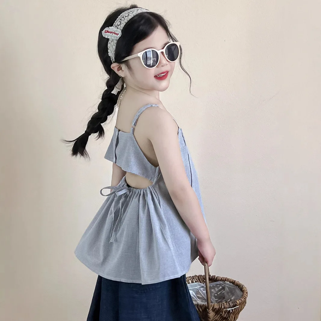 

2025 Girls Summer Careful Machine Halter Waist Lace-up Gray Grid Halter Shirt Wide Leg Jeans Separately Loose