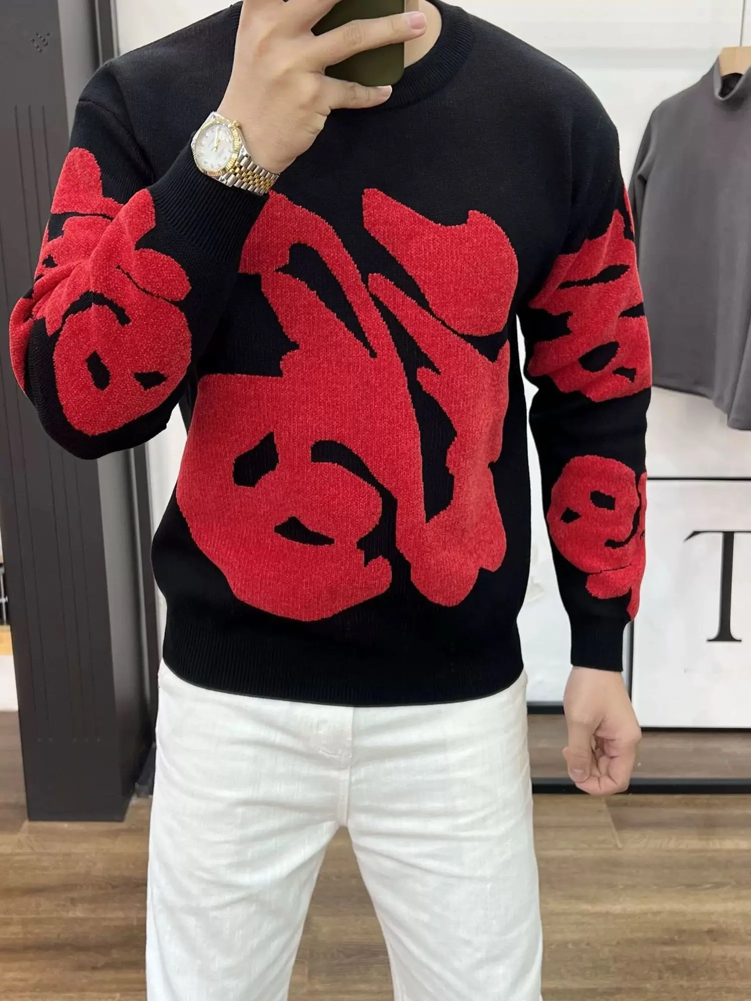 

Красный вязаный свитер, мужской новый осенне-зимний внутренний свитер, базовый слой, повседневный длинный свек, круглый, теплый, полиэфирное волокно