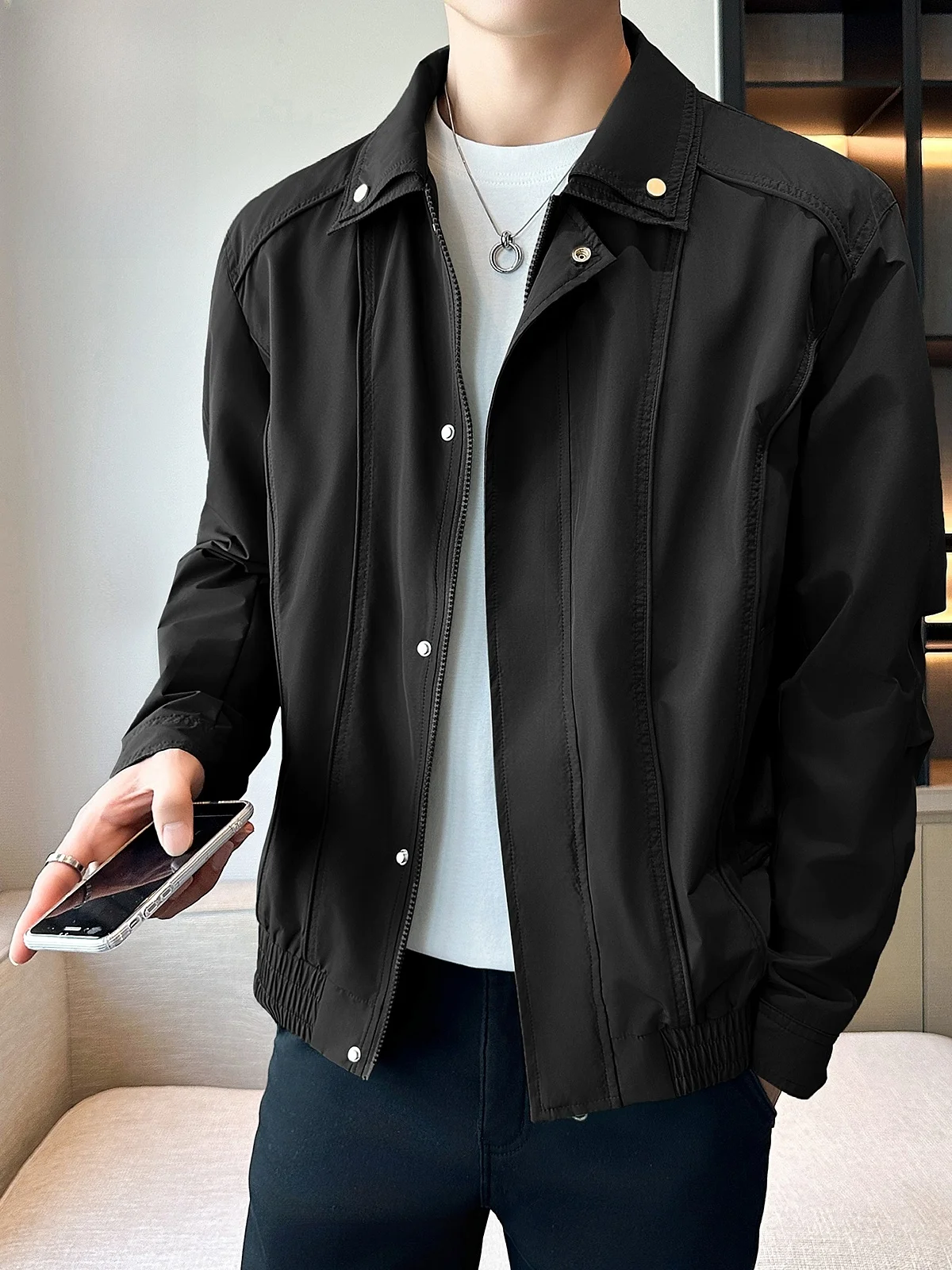 

Collared Jaet Men's Loose Casual Top Bla Trendy Versatile Outerwear Youthful Sle Windproof Long Sve Zipper