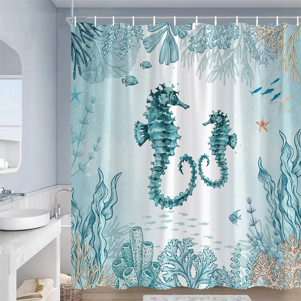 Ocean Animals Shower Curtains Sea Turtles Starfish Coral Seaweed Underwater Scenery Polyester Bathroom Curtain Decor with Hooks