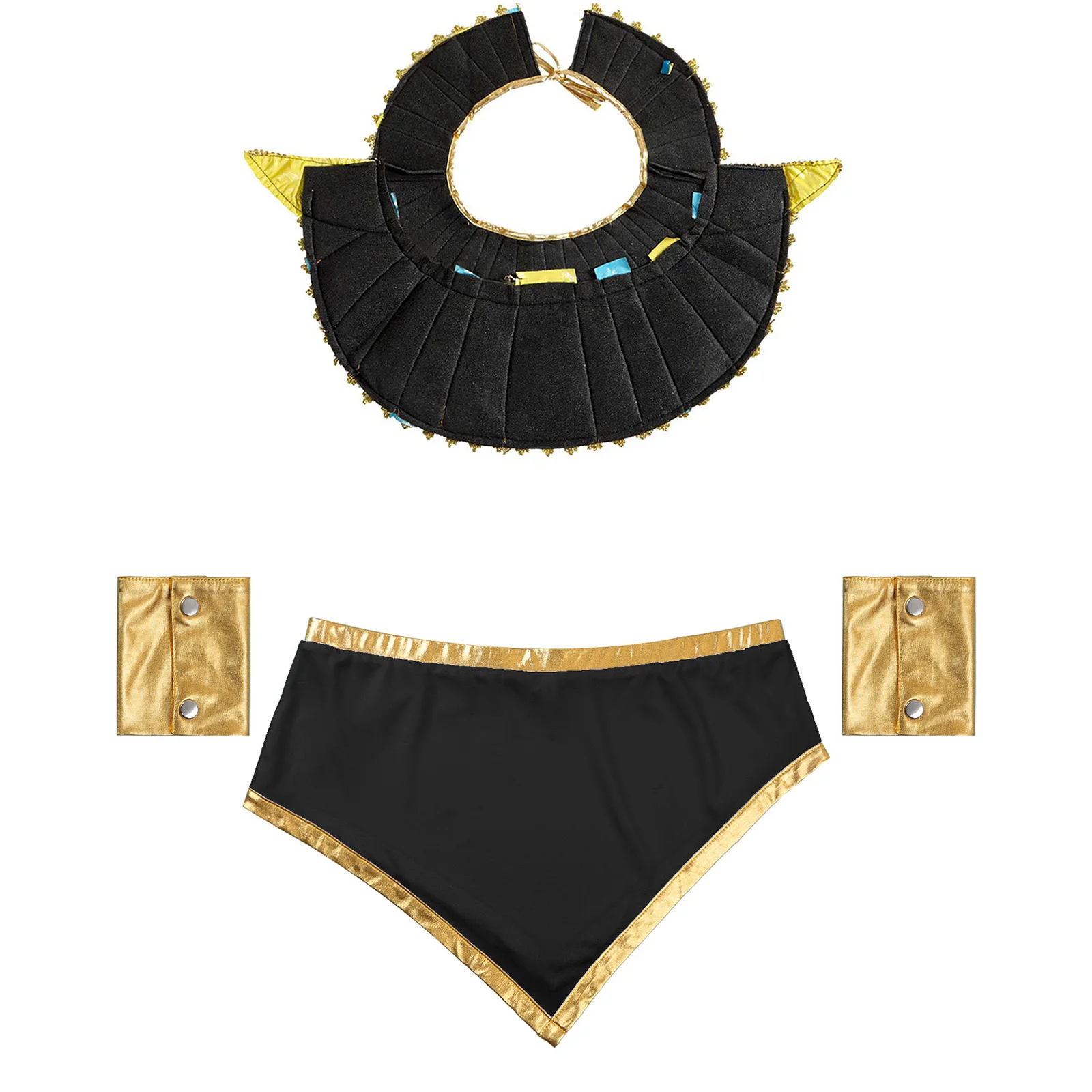 زي رجالي مصري قديم، تنورة قصيرة بحاشية معدنية لامعة غير منتظمة مع ياقة وأصفاد، فستان تنكرية لملك مصر فرعون