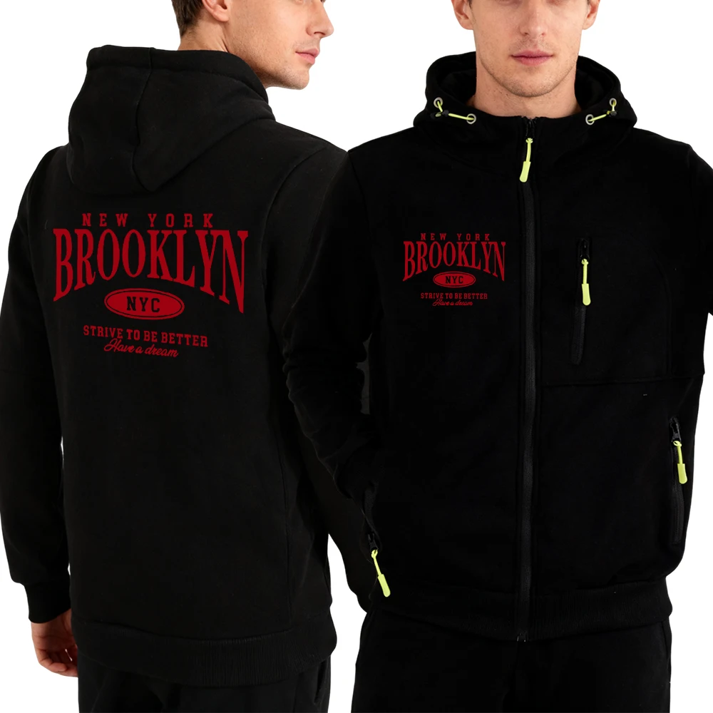 

Brooklun New York Letter Design Zipper Hoody Male Fashion Pocketed Streetwear Vintage Loose Hoodie Fleece Casual Soft Sportswear