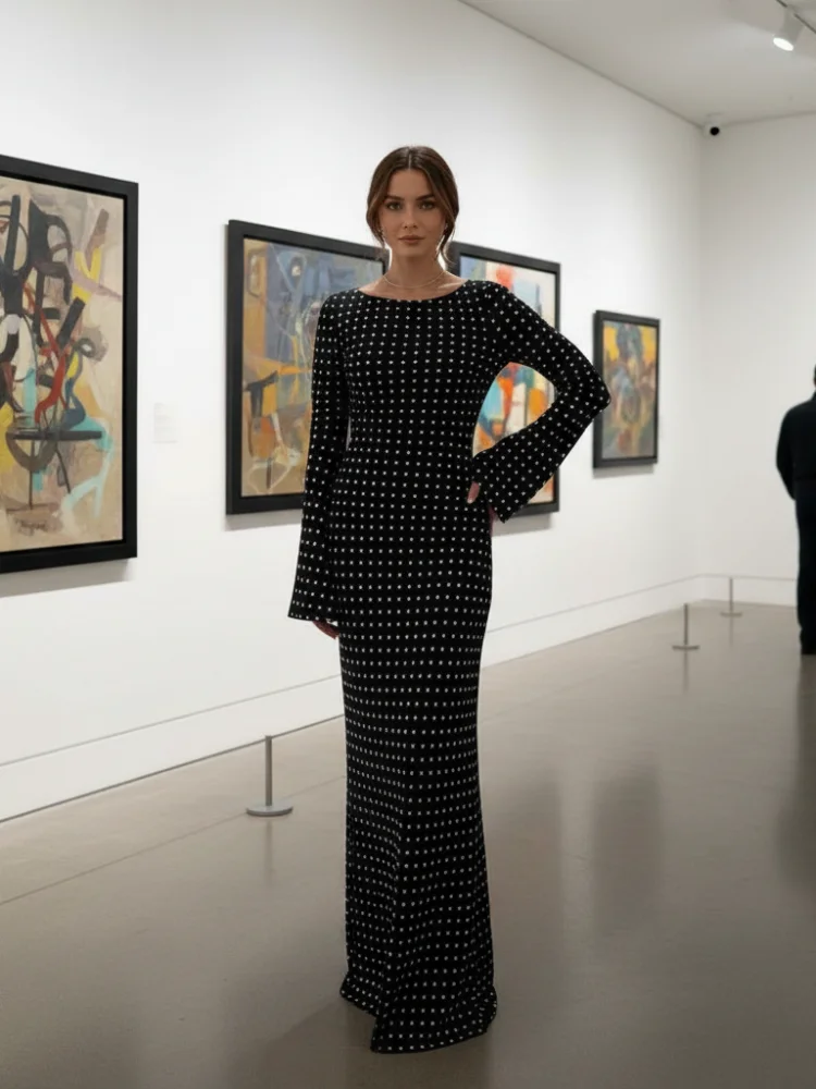 Missuoo 2025 automne élégant à pois robe Maxi col rond manches longues coupe ample robes de soirée robes de soirée noires