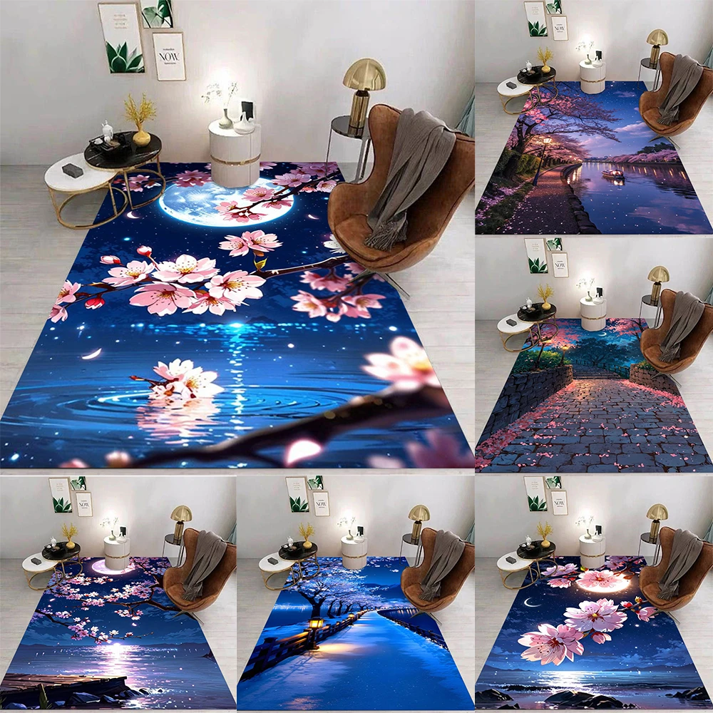 Japanischer Kirschblüten-Nachtszene-Teppich, verschiedene Stile mit Mond, Fluss, Straßenlaterne, Blumenmuster, Teppich für Wohnzimmer-Dekoration