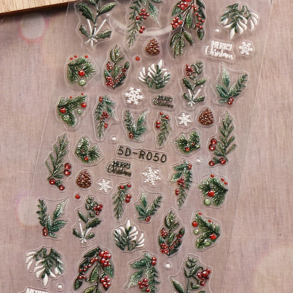 2 stücke winter Weihnachten grün blatt obst glitter geprägte nail art aufkleber, retro pastoralen thema, einfach anzubringen nagel dekoration,