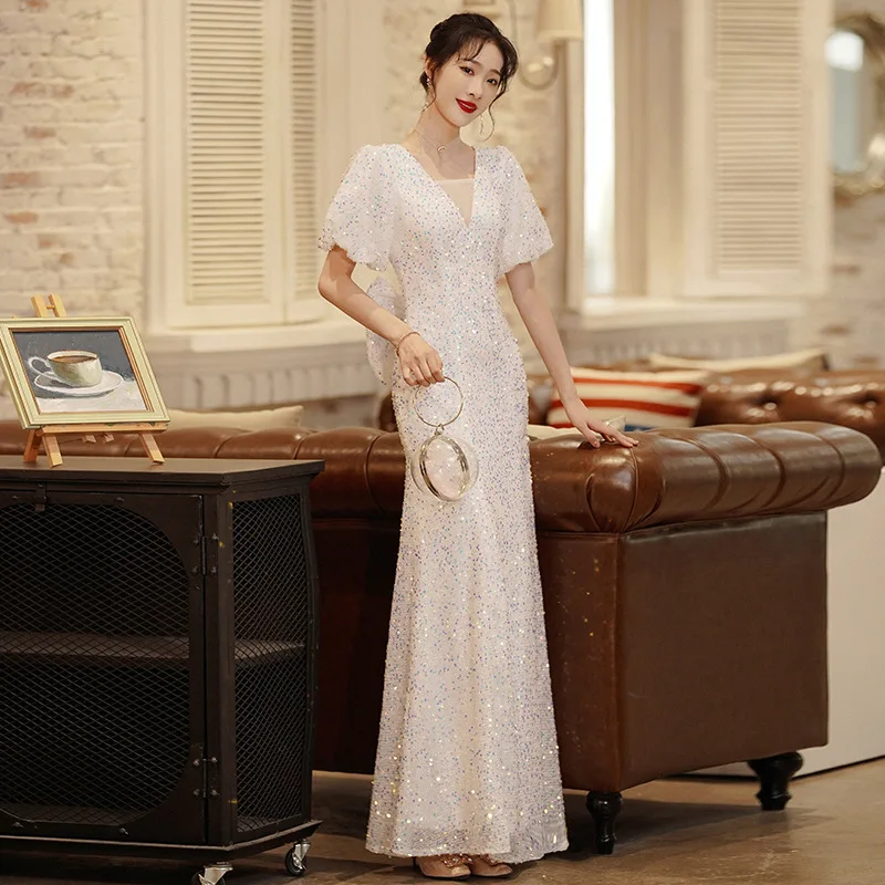 Abito da sera per banchetti da donna Design con paillettes a coda di pesce senza schienale per riunioni annuali, abbigliamento da donna