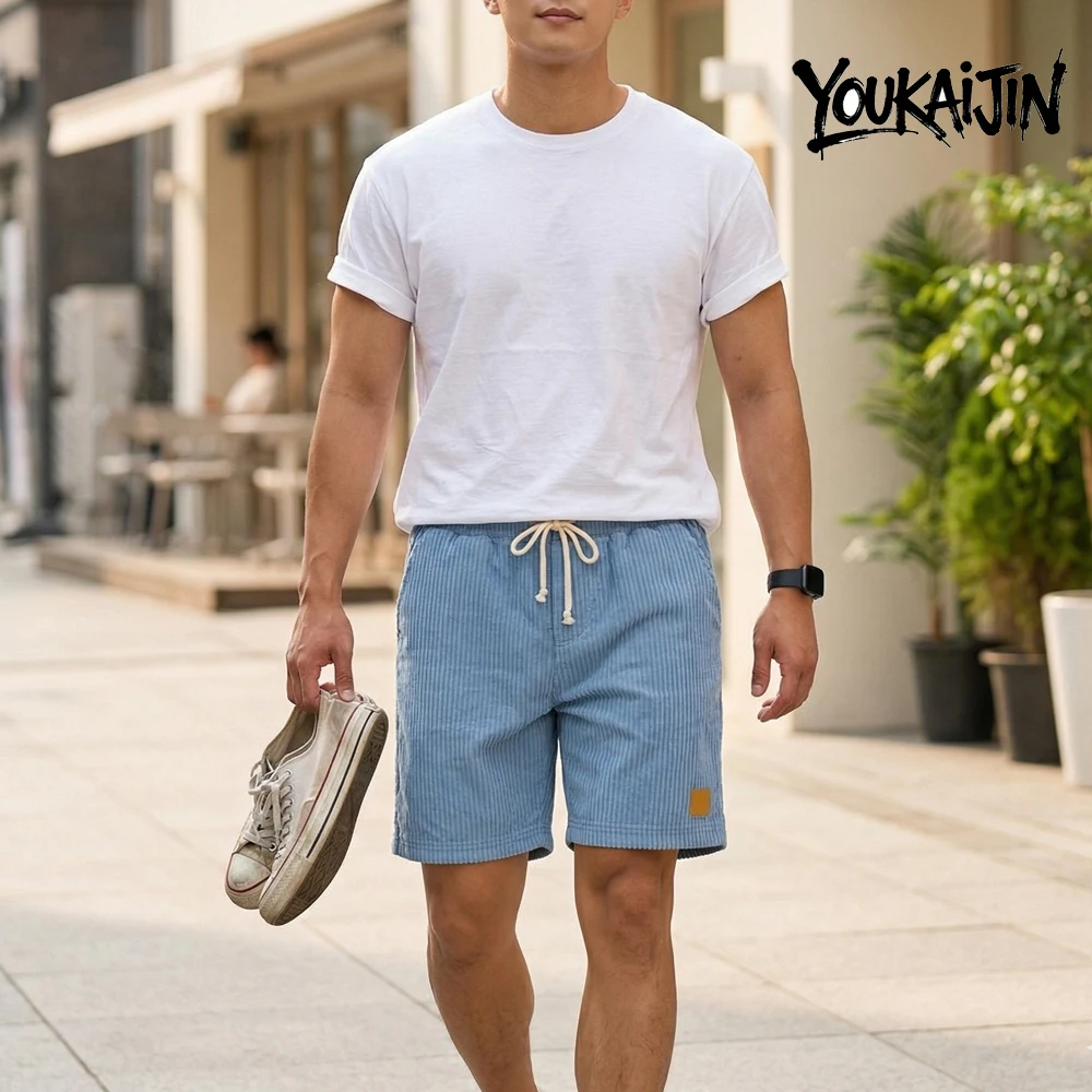 Corduroy Shorts Men EU Size Outdoor Loose Straight Casual Pants Summer Beach Retro Drawstring Elastic Waist Travel Shorts - Image 3