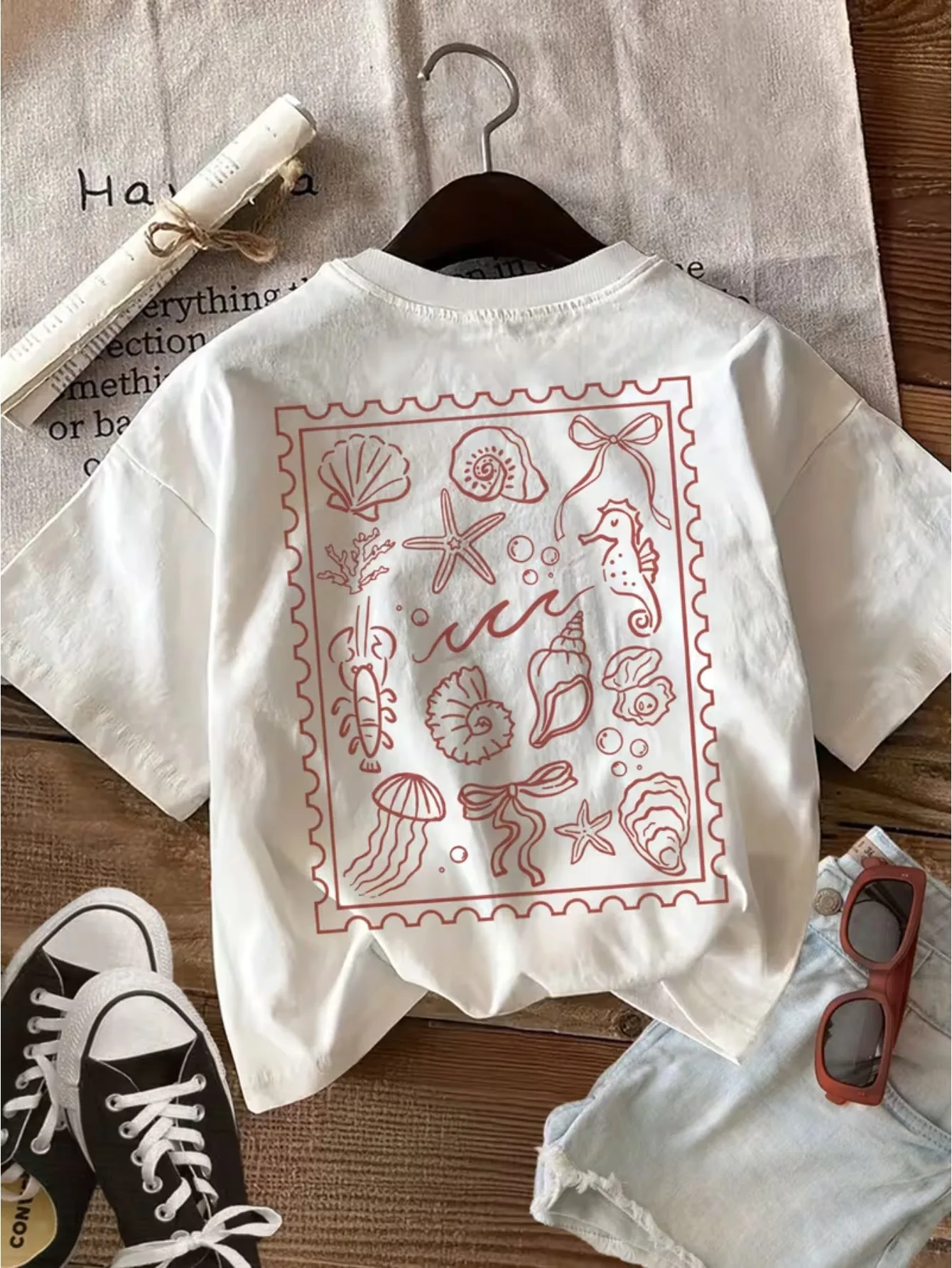 Meerestier-T-Shirt, Seepferdchen, Seestern, Grafik-T-Shirt, Vintage, künstlerische Küstenästhetik, Harajuku, Streetwear, Top, lässig, Unisex, Sommer-T-Shirt – Detail 4