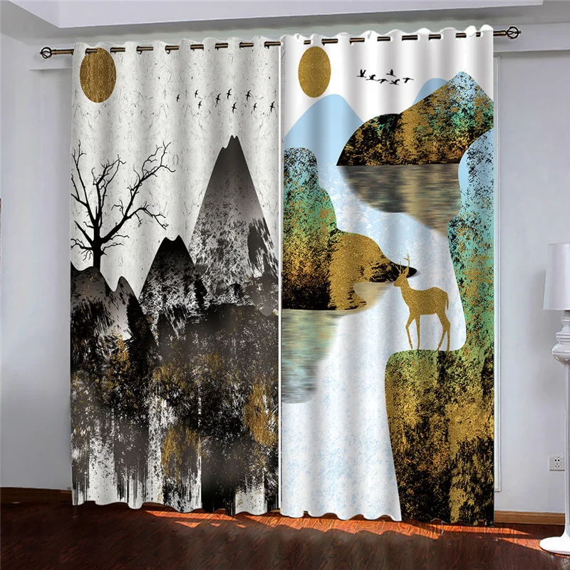 

HUANZHUANG Curtains For Bedrooms Abstract Mountains Landscape Luxury Curtains 2 Panel Home Living Room Bedroom Window Decorative