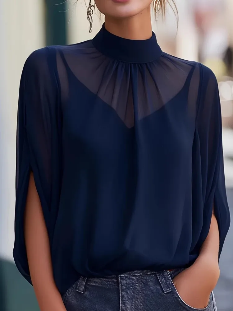 

New Fashion See-through Dolman Sleeve Slit Shoulder Shirt Sexy Camisole Two-piece Top Shirt Summer Solid Womens Tops And Blouses