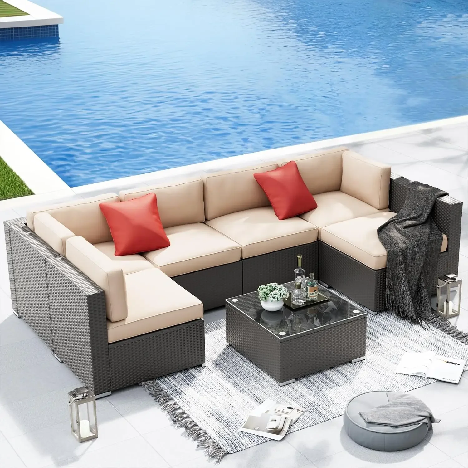 Sofa Sofa bagian luar ruangan, Set furnitur teras Modular anyaman rotan PE & bantal yang dapat dicuci & meja kopi kaca